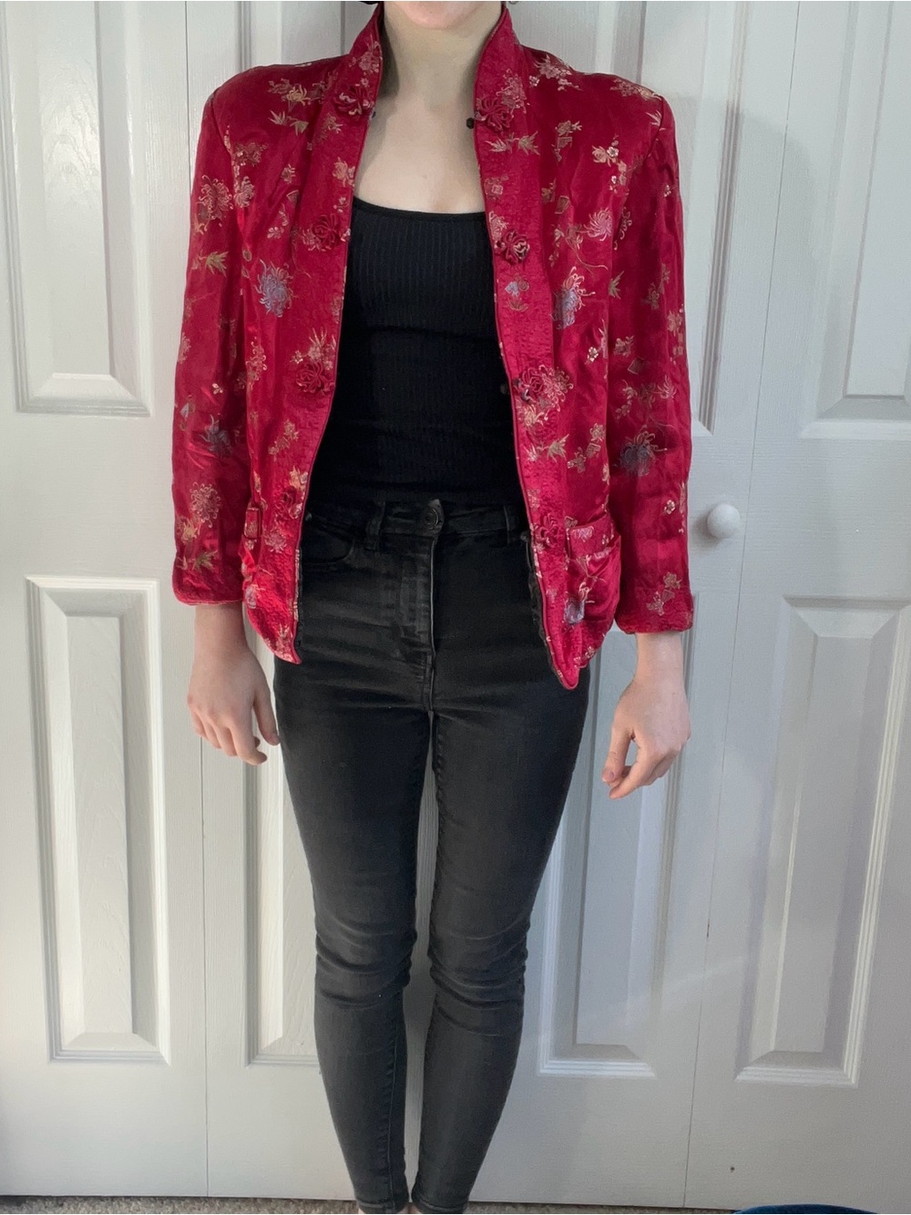 Vintage-Style Red Floral Velvet Jacket - Women's